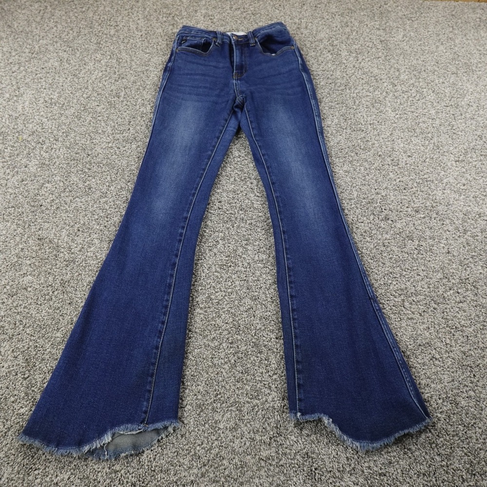 KanCan Jeans Womens 1 Dark Blue Denim Pants Mid Rise Flare Bell Stretch Hippie